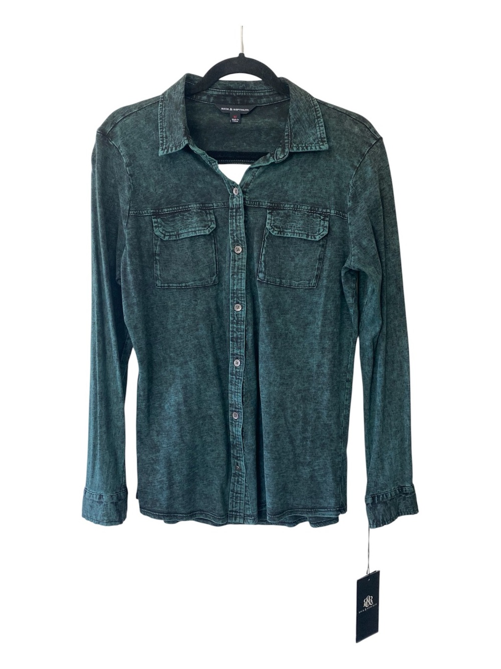 Rock & Republic Women's Knit 100% Cotton Acid Wash Green Cutout Back Shirt Top M